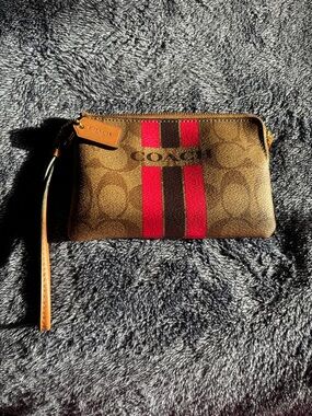 EUC Coach Brown Canvas Wristlet with Red & Dark Brown Center Stripe